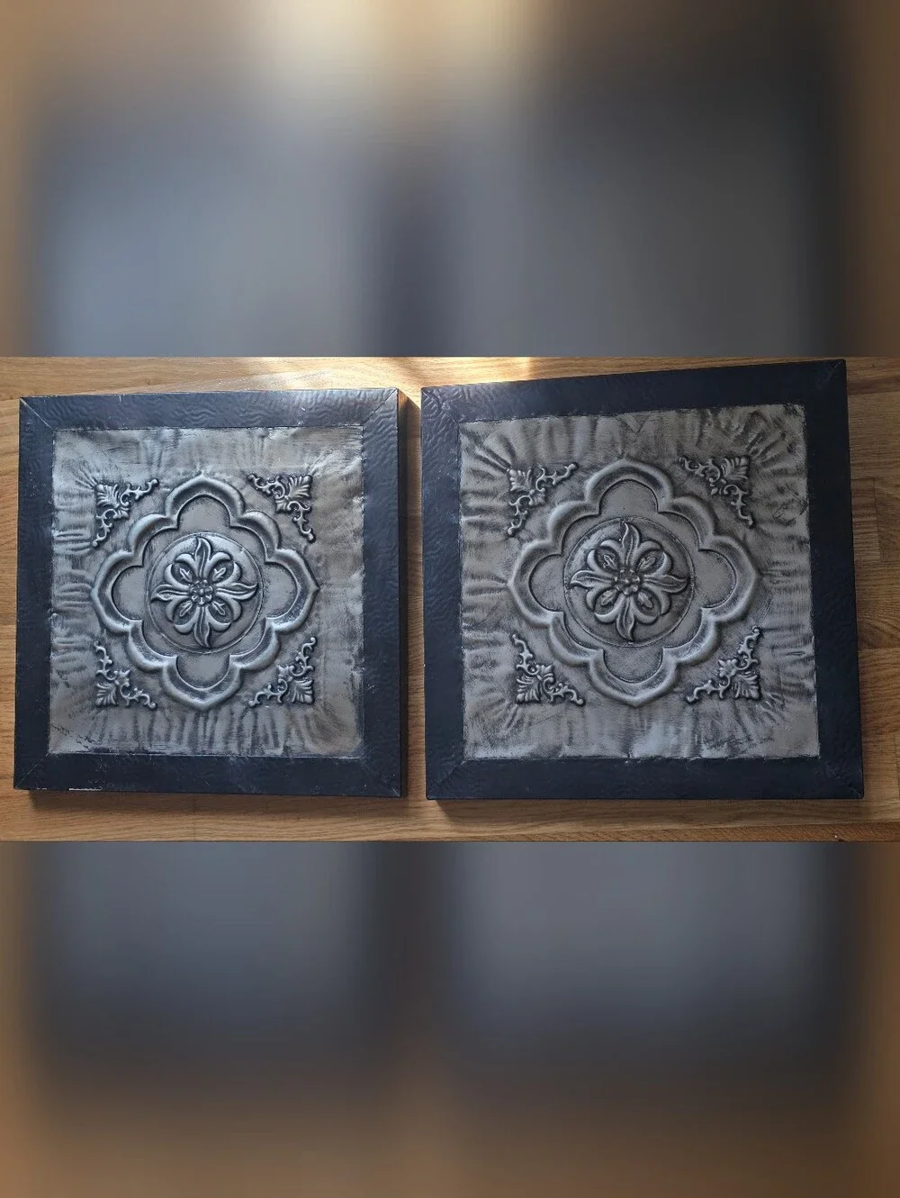 2 Silver Black Tin Metal Wall Art Vintage Style 16x16